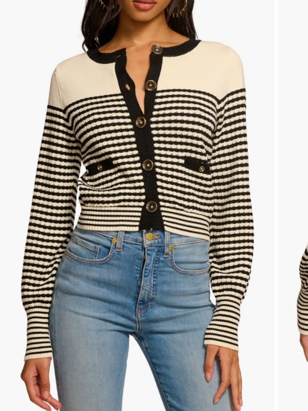 Ramy Brook Bea Striped Cotton-Blend Cardigan Sweater Black Ivory XS NWT R $365
